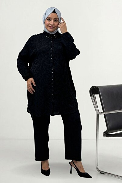 Eslina 68085 Plus Size Beyoğlu Stone Detailed Jacquard Strawberry Shirt - Black