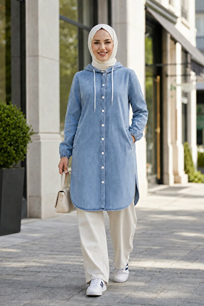 Hb Harma Time Butik Women's Hooded Buttoned Denim Blue Jacket