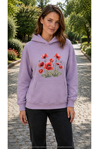 EMMODA Women's Poppy Flower Printed Hooded Casual Sweatshirt with Kangaroo Po...