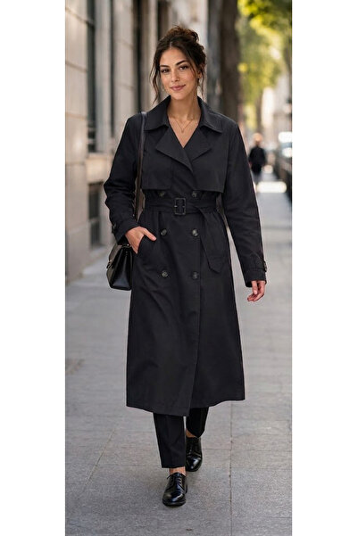 ACELYA Women's Long Trench Coat Buttoned Lined Belted Waterproof Oversize Cut