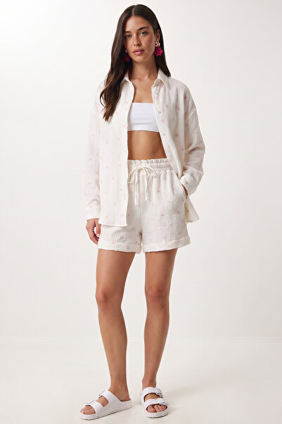 Lovelyİstanbul Embroidered Muslin Shirt Shorts Set Lax0014 White Pink