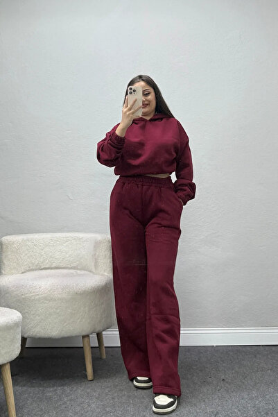 BELENDİR Women's 3 Threaded Threaded Sweatpants Set Burgundy