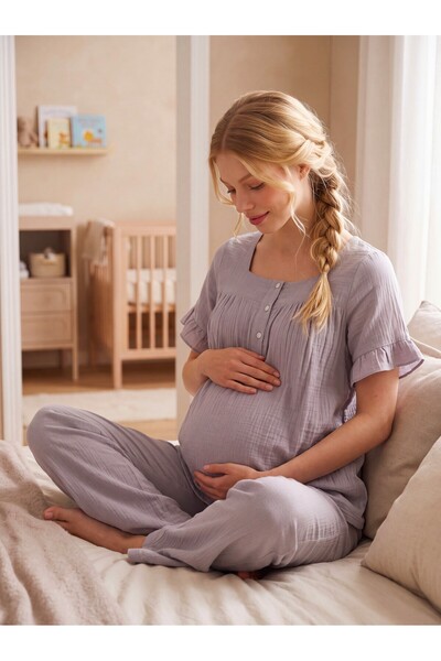 Lohusa Homewear New Season Gray Muslin Fabric Buttoned Easy Breastfeeding Des...