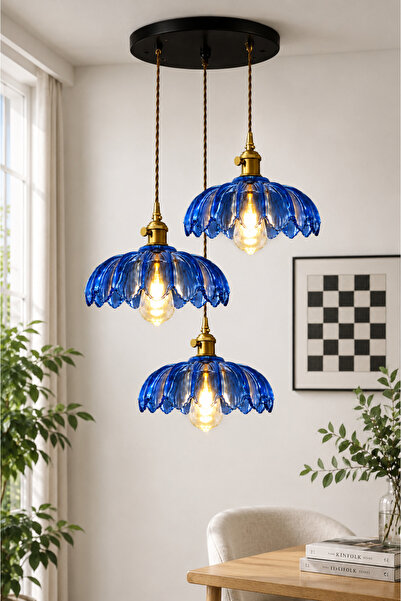 Luna Lighting Petra Model Safir Mavi Cam Klasik Sarkıt 3'lü Sarkıt Avize