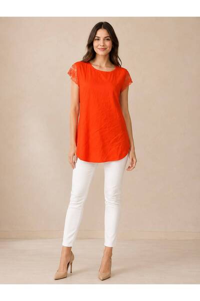Nuevo Women's Orange Transparent Lace Detailed Short Sleeve Blouse with Lace ...