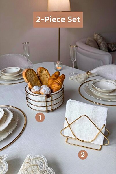 Edora Home Set of 2 Shiny Gold Triangle Napkin Holder Round Bread Basket Kitc...