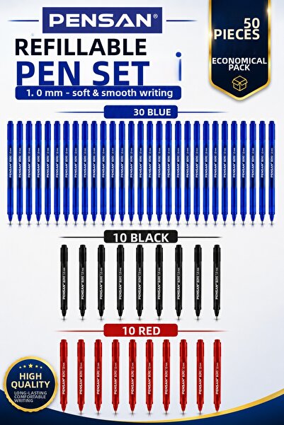 ANI OFİS KIRTASİYE A K Ballpoint Pen Set 50 Pieces – 30 Blue, 10 Black, 10 Re...
