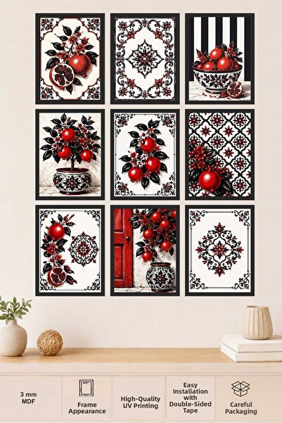 UNT Black and Red Decorative Mdf Painting Set with Pomegranate Motif – 9 Piec...