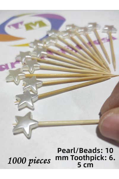 tm tasarı mağazası 1000 Pieces of Decorative Cream Star Pearl Beaded Toothpicks 6.5 cm - Star Size 10 mm