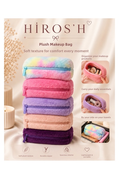 HİROS'H Plush Makeup Cosmetic Toiletry Bag & Travel Organizer Bag with Fur