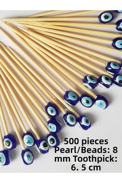 tm tasarı mağazası 500 Pieces of Decorative Evil Eye Beaded Cake Toothpicks 6.5 cm - Pearl 8 mm - Nazar Beaded Toothpicks