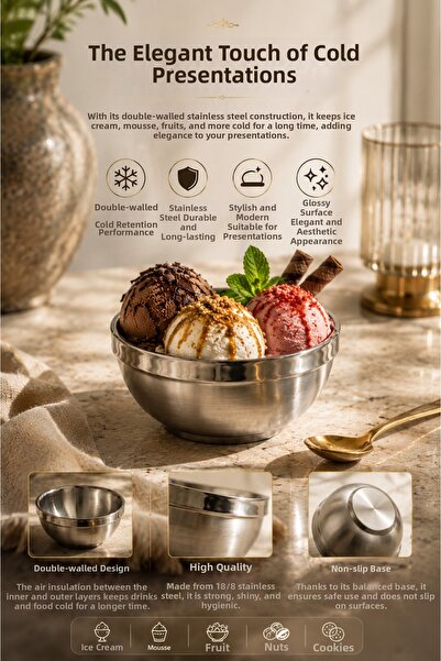 DİVAYS 11.5 cm Double Walled Stainless Steel Ice Cream Bowl Cold Holder Servi...