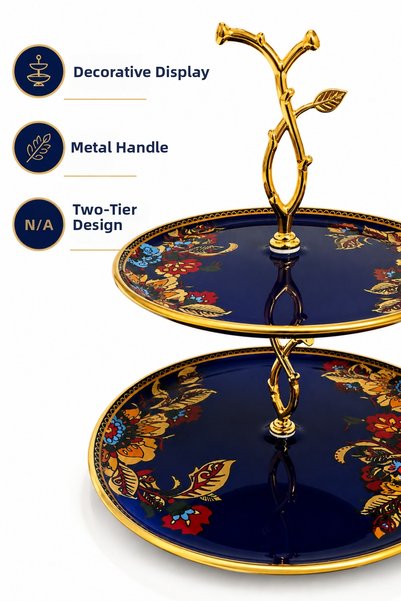 Sudedi Home Real Gold Gilded Double Layer Glass Presentation Bowl Cookie Bowl Turkish Delight Bowl Chocolate Bowl Cobalt Blue Decorative Serving Stand 26-21 cm