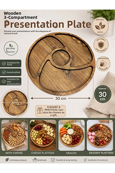 LMS GİFT Wooden 4-Compartment Presentation Plate 30 cm Nut Bowl Snack Bowl Br...