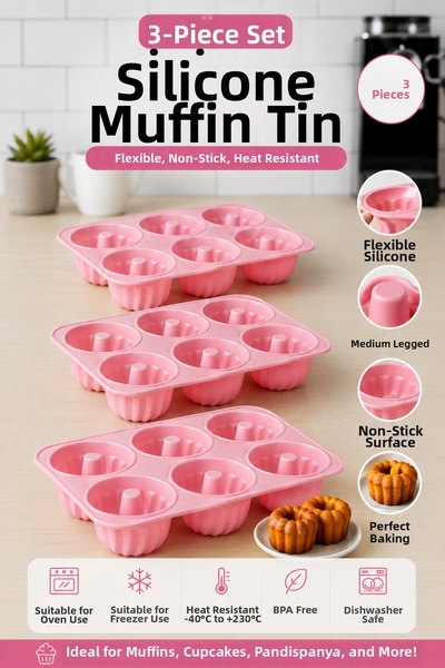 Stork 3 Pieces of 6-Well Silicone Muffin and Cupcake Molds - Non-Stick One-Pi...