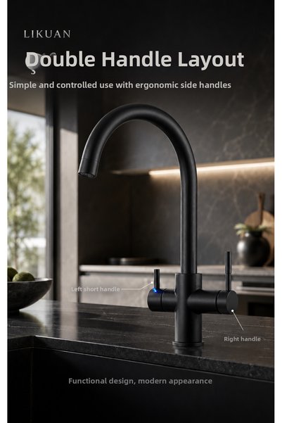 LİKUAN hardware 3-Way Kitchen Faucet |   Hot, Cold, and Filtered Water in One |   Tri-Flow Swan Neck Faucet with Led Indicator Nkdp3212Cp