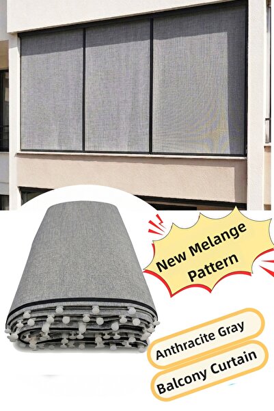 KAŞIKBEY Melanj Elegance Anthracite Gray Color Balcony Curtain with Top Corni...