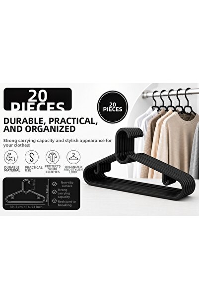 Kitchen Line 20 Pieces Black Clothes Hangers, Pants Hangers – Durable and Fle...