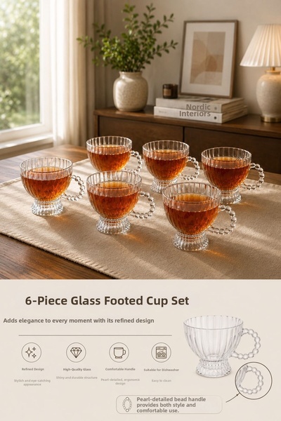 ENYAZA(2024) 6-Piece Glass Mug Set with Glass Feet and Beaded Handles 180 Cc ...