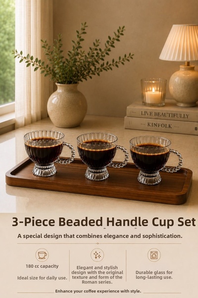 ENYAZA(2024) 3-Piece Glass Mug Set with Beaded Handles 180 Cc Transparent Tea...