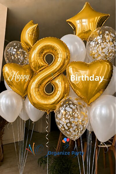 Organizasyon Pazarı Gold Number 8 Age Balloon Set Gold Heart Star Confetti | ...