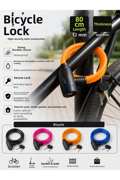 Busstier Bicycle Lock 80 cm Length 12 mm Steel Body Waterproof Pvc Coating and Spare Key