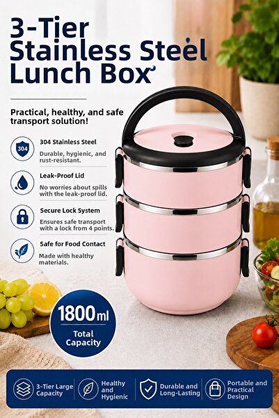 Sas Haus 3-Tier Stainless Steel Food Container 1800 ml Leak-Proof Portable Lu...