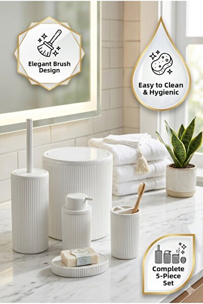 Homerest White Striped Modern Bathroom Set 5 Pieces - Brush Trash Can Soap Di...