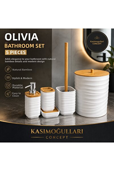 kasımoğulları concept Olivia 5 Piece Bamboo Detailed Bathroom Set – White Mod...