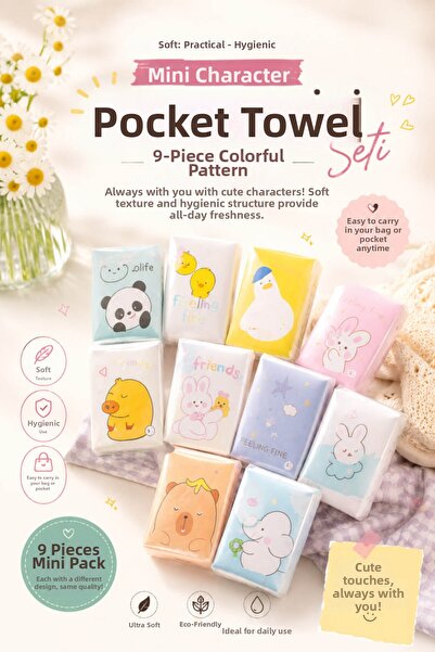 Anadolu Saray 9 Pack Mini Character Pocket Tissue Set Colorful Patterned Soft...