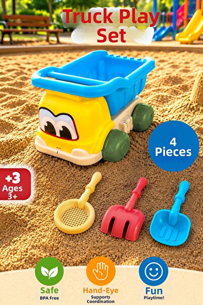 Meleni Toys 4 Piece Beach Set with Truck - Sand Sea Toy with Sieve, Shovel an...