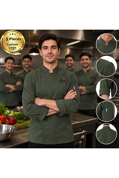 Bk Gift 5 Green Men's Chef Jackets with Your Logo - Gabardine Fabric Professi...