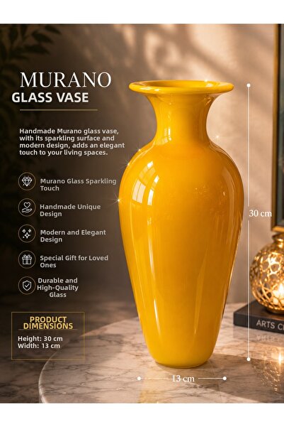 Atak Hediyelik Murano Yellow Glass Vase-Handmade Decorative Large Size Modern...
