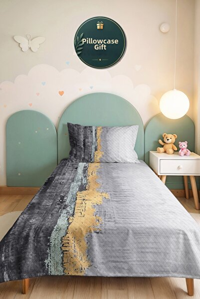 Evimde Bambaşka Modern Geometric Gray Young Room Single Pique Set - Gold Beig...
