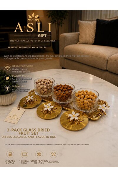 Aslı Hediyelik 3-Piece Daisy Gold Snack Bowl, Spice Bowl, Ice Cream Bowl, Tre...