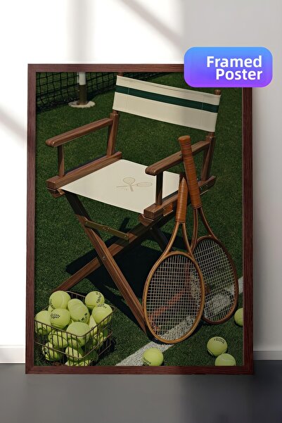 Postifull Poster cu rachetă de tenis și scaun, poster înrămat maro, seria Old...