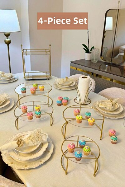Edora Home Set of 4 Shiny Gold Double Large Size Presentation Trays, Double S...