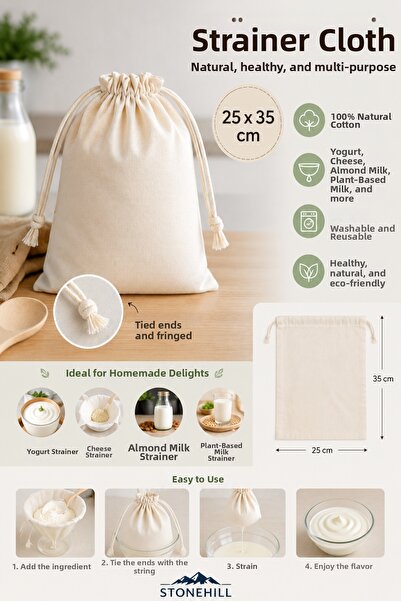 stonehill Drawstring Strainer 25X35 cm 100% Cotton Straining Bag for Yogurt, ...