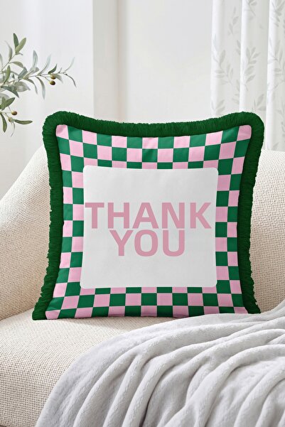 Realhomes Merci Written Checkerboard Patterned Fringed Throw Pillow Cover, Re...