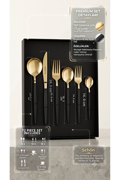 RİVO HOME DECOR 72 Pieces 12 Person Luxury Gold Cutlery Set 18/10 Stainless S...