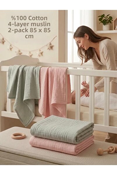 Manora Pack of 2 4-Layer Muslin Baby Blankets 85X85 cm - Baby Blanket & Newbo...