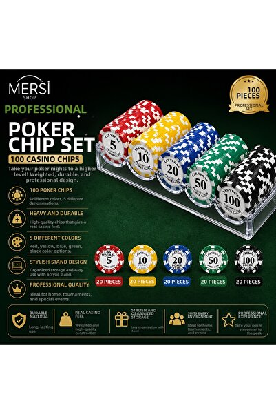 Mersi SHOP Professional Poker Chip Set 100 Pieces Casino Chip Set with Stand ...