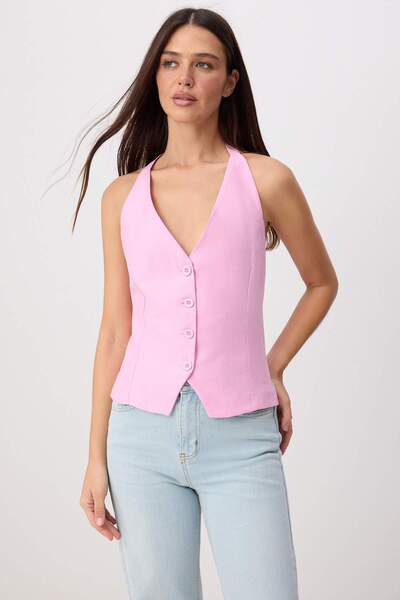Trendyol kolekcija Ružičasti prilagođeni halter top od tencela TWOSS26YE00039