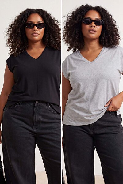Trendyol Curve Tricou oversize negru-gri, pachet de 2, mărime mare, model de ...