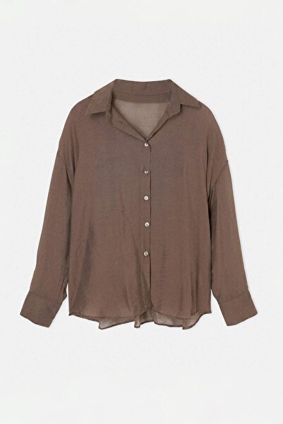 Drop by TrendyolMilla Brown V-Neck Thin Textured Oversized Summer Shirt Tdrss...