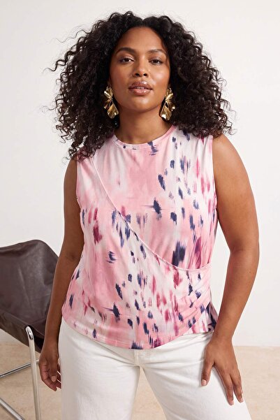 Trendyol Curve Multi Color Abstract Patterned Sleeveless Knitted Plus Size Bl...