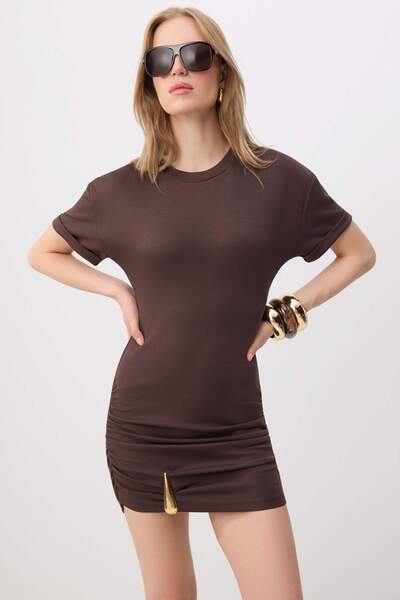 Trendyol Collection Brown Bodycon Short Sleeve Accessory Detailed Mini Soft T...