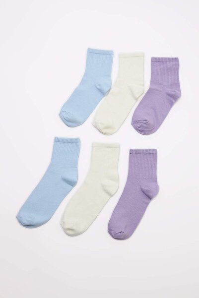 Trendyol Collection Ecru-Lilac-Blue 6-Piece Cotton Plain Jacquard Knitted Soc...