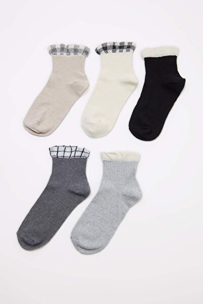 Trendyol Collection White-Grey 5-Piece Slogan Jacquard Knitted Socks Thmss26C...
