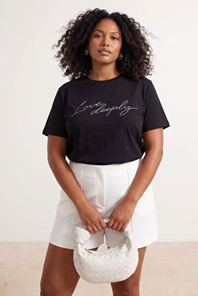 Trendyol Curve Black Crew Neck Stone Printed Knitted Oversize T-Shirt Tbbss26...